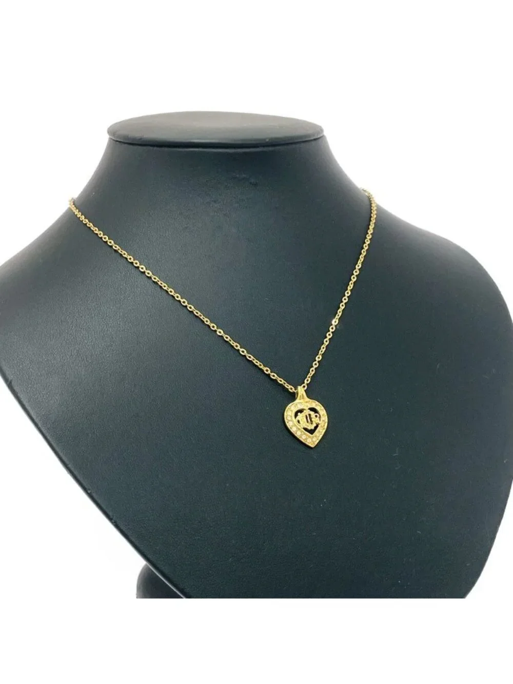 Dior Rhinestone Emblem Logo Heart Necklace Gold